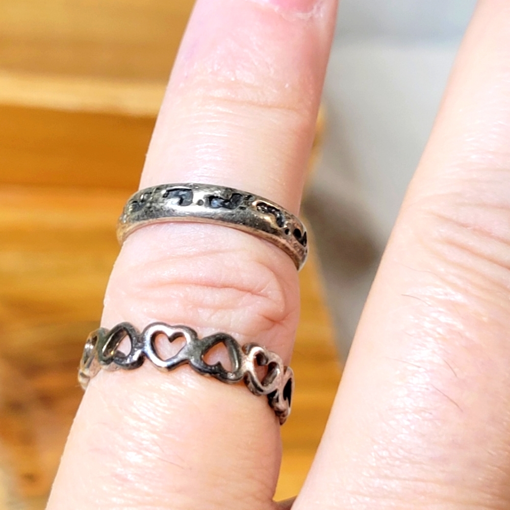 Sterling Silver Rings | Open Heart Ring & Textured Ring| Set of 2 Adjustable
